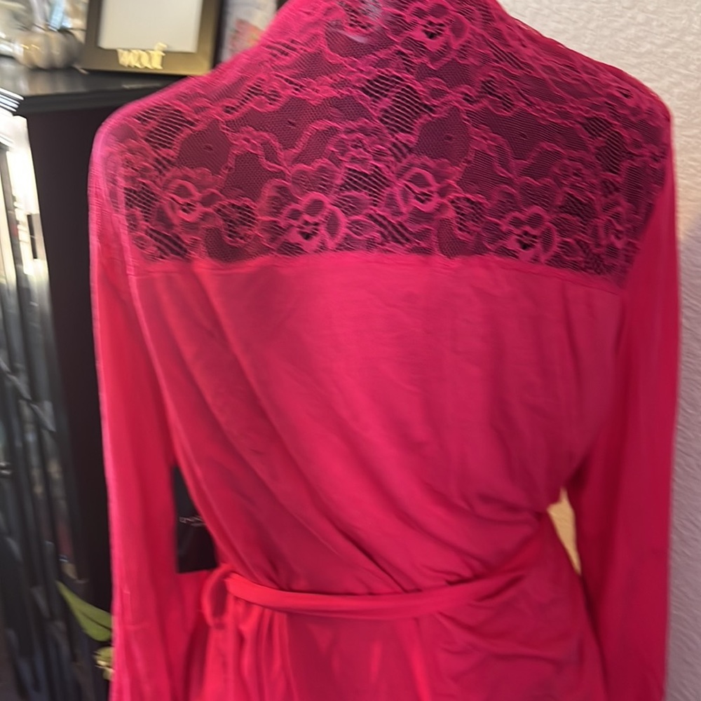 Bebe Hot Pink Satin-Style Lace Trim Wrap Robe - Picture 3 of 3